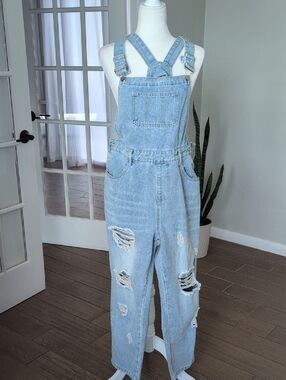 Cosmopolitan Light Wash Distressed Denim Overalls